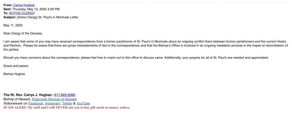 Bishop Hughes Email to Clergy