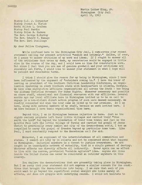 MLK Letter from Birmingham Jail to two Episcopal Bishops