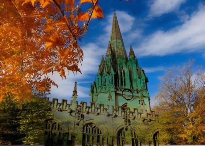 Church building in autumn