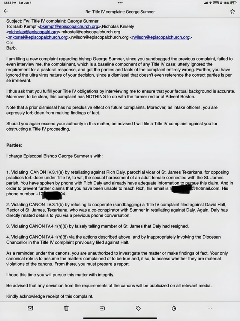 Title IV complaint against Bishop George Sumner