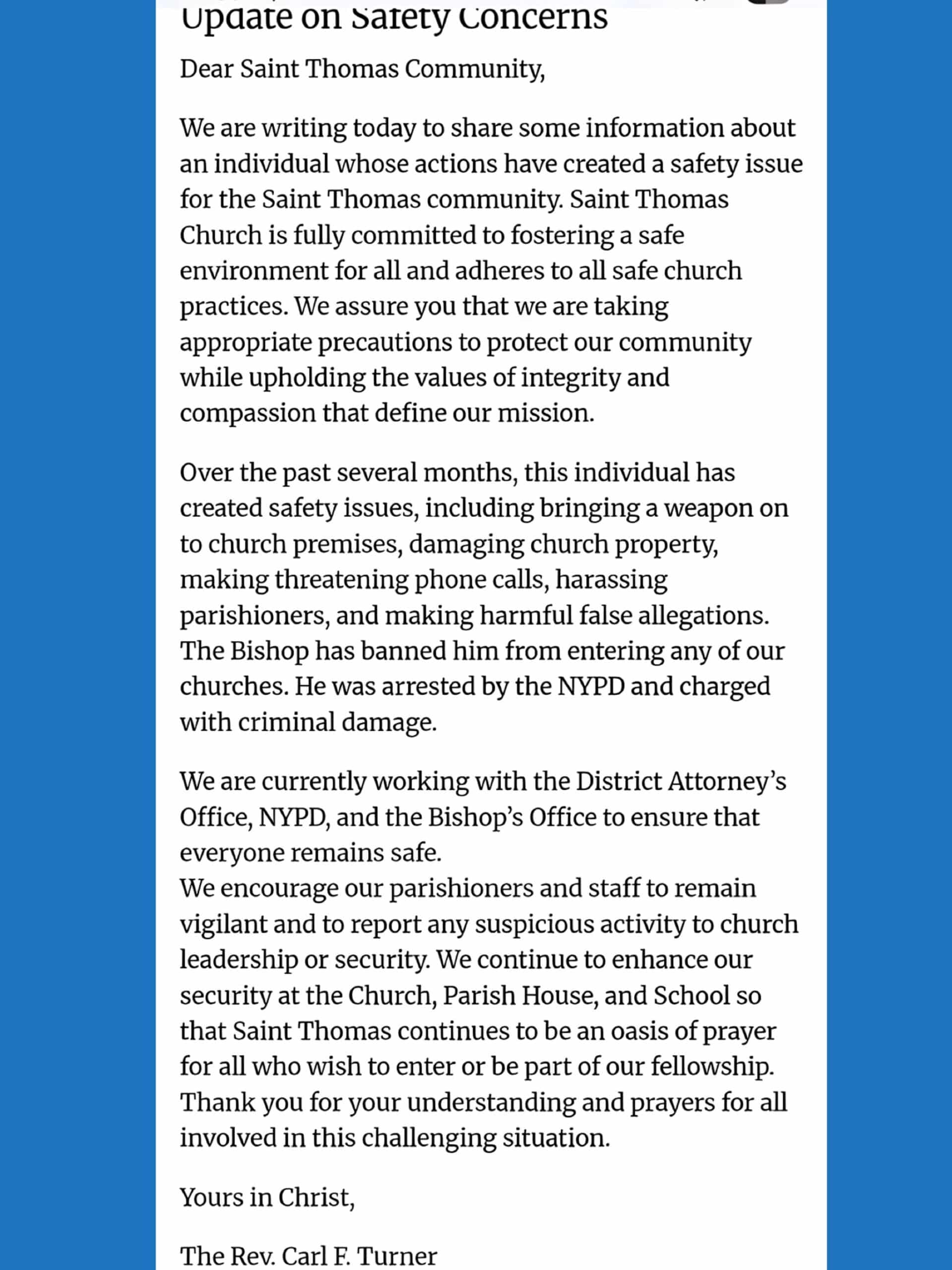 Possibly defamatory communications from St. Thomas Fifth Avenue