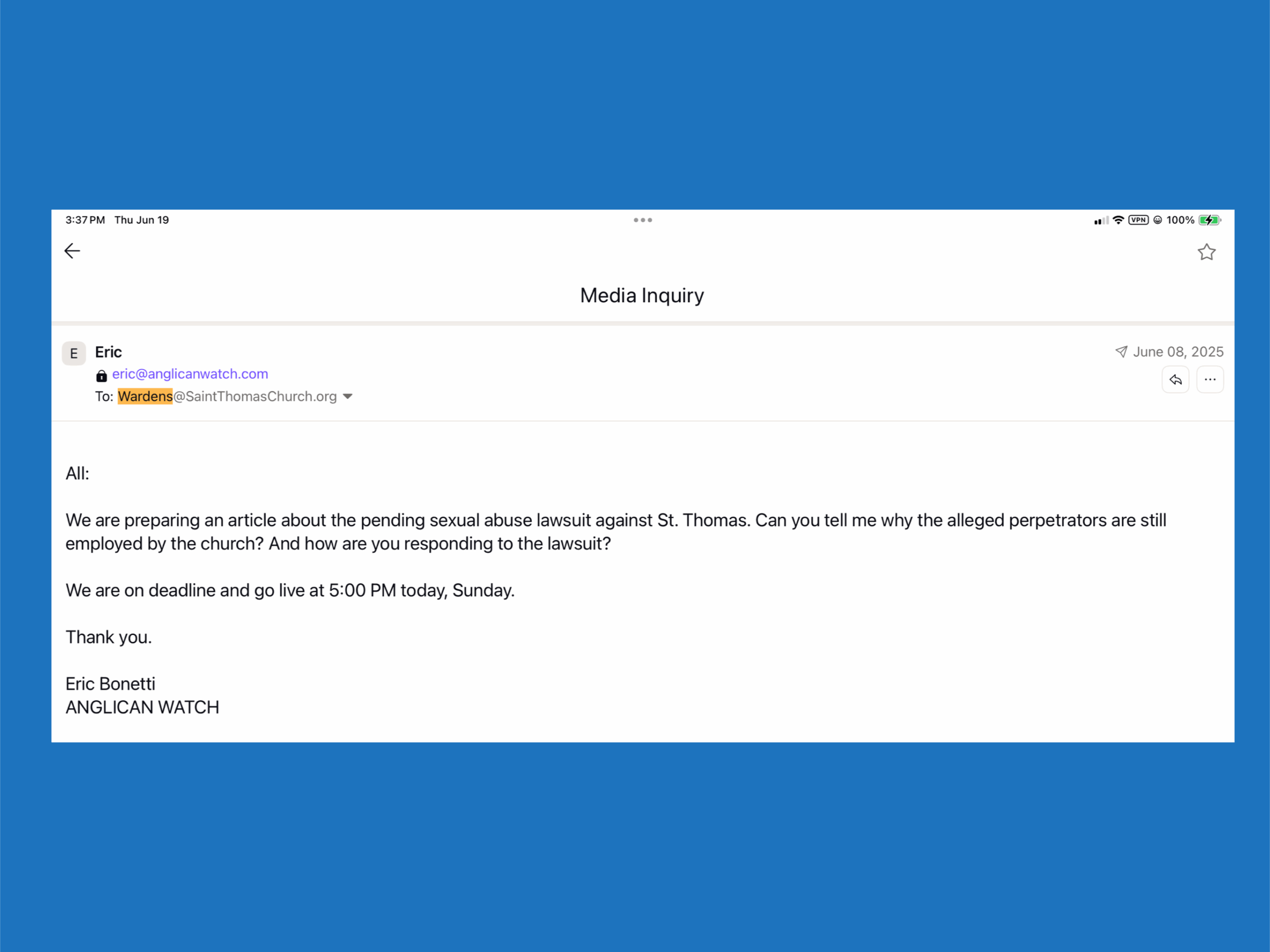 Email to St. Thomas’ wardens