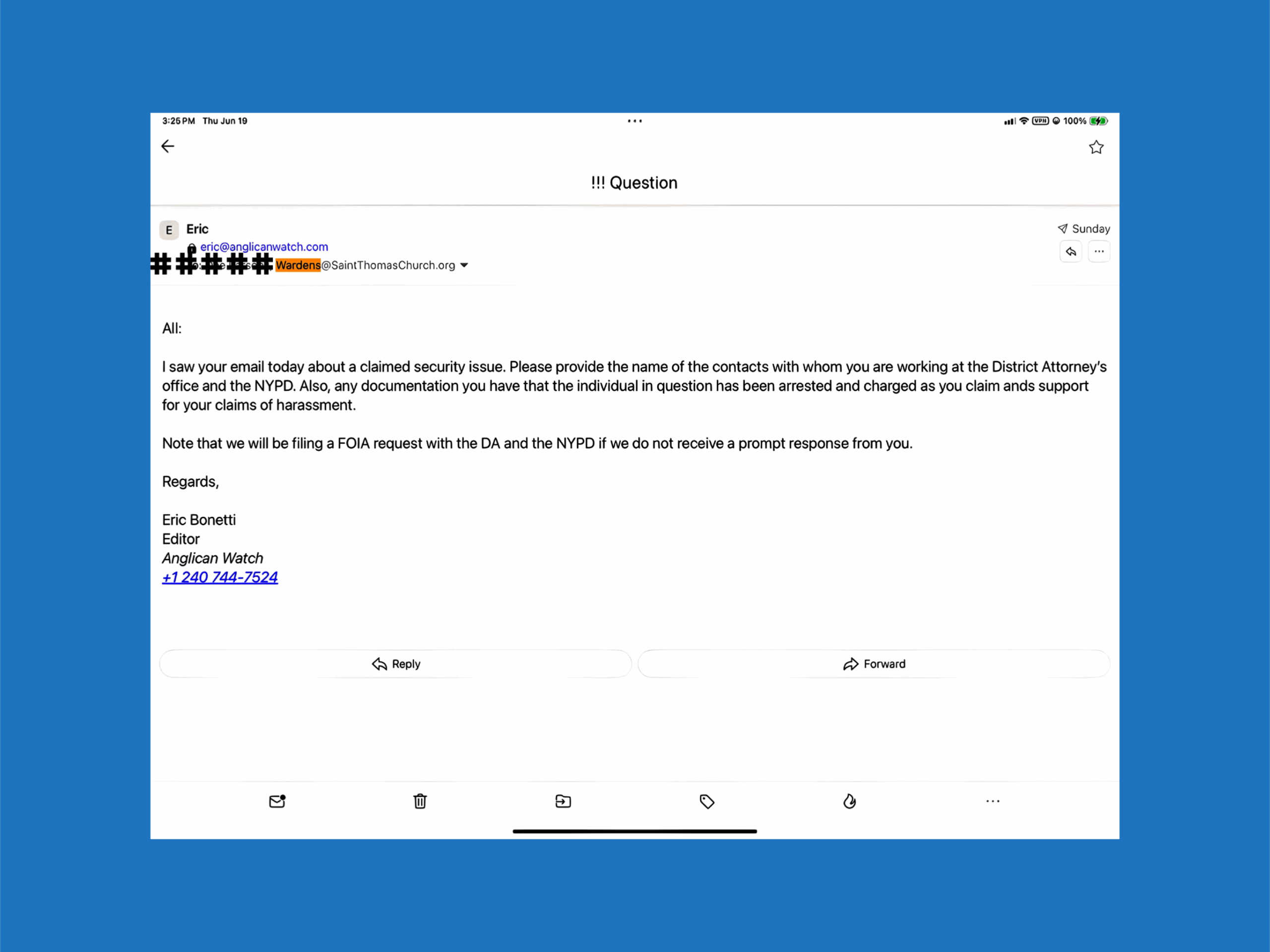 Email to St. Thomas’ wardens