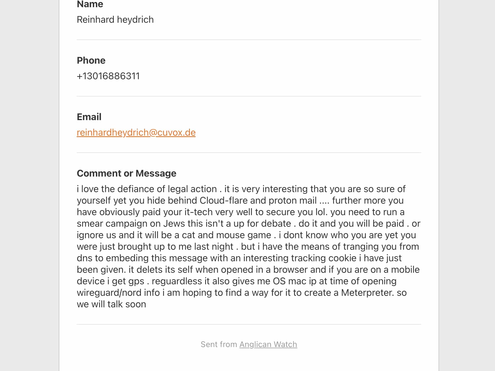 Threatening email believed to come from Robbie Gianetta