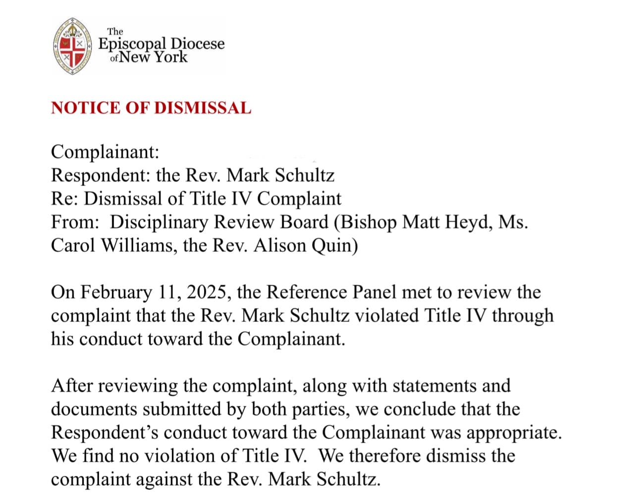 Mark Schultz Title IV pastoral— notice of dismissal