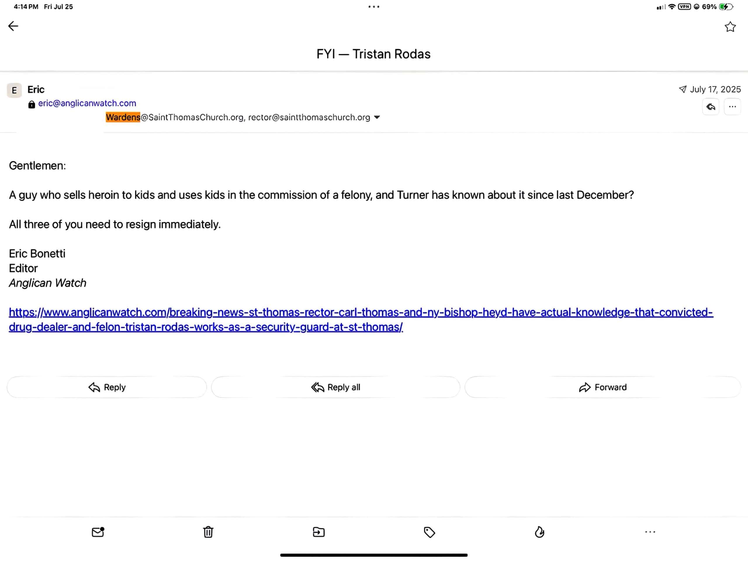 Email to St. Thomas Fifth Avenue wardens
