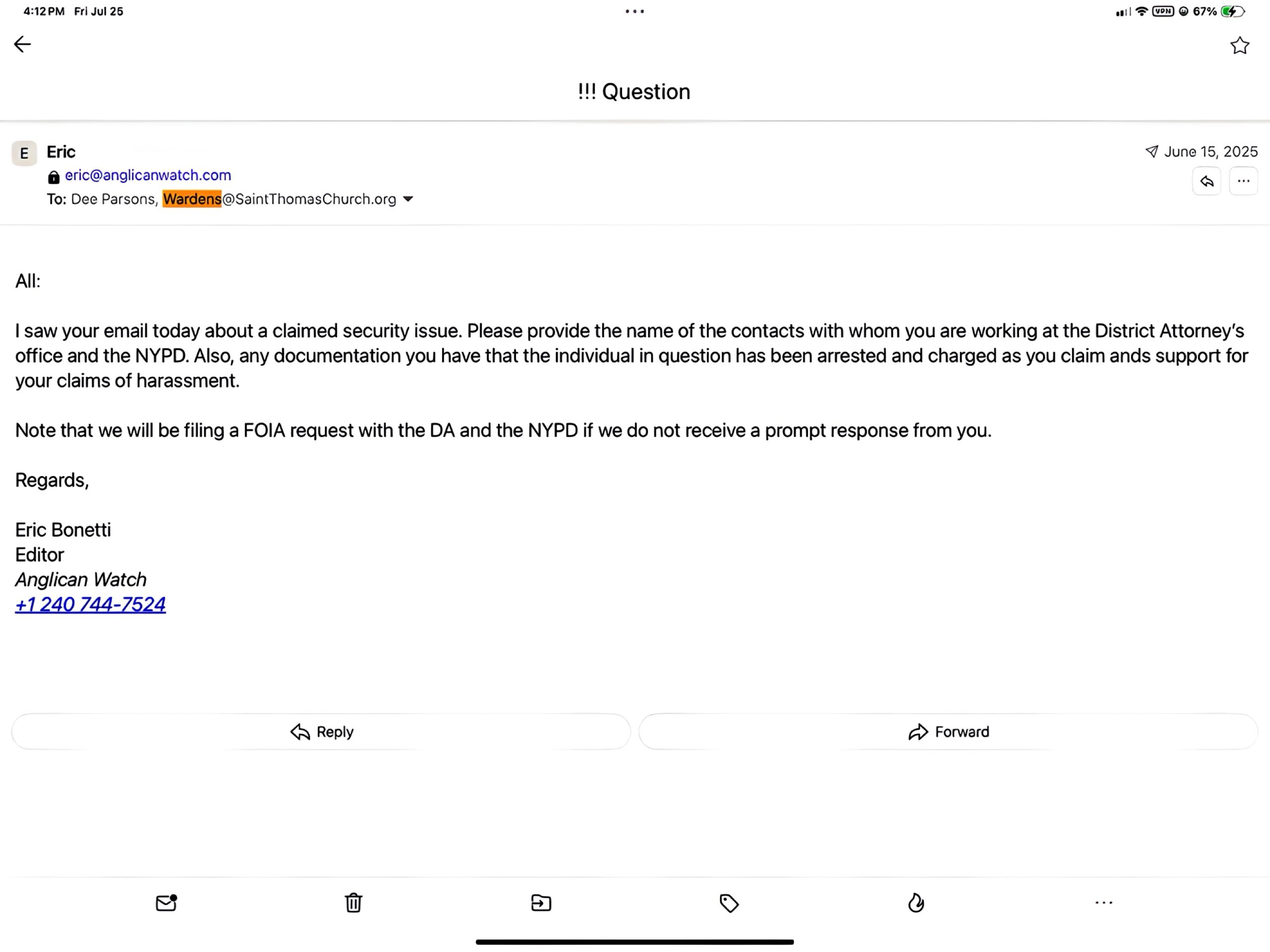 Email to St. Thomas Fifth Avenue wardens