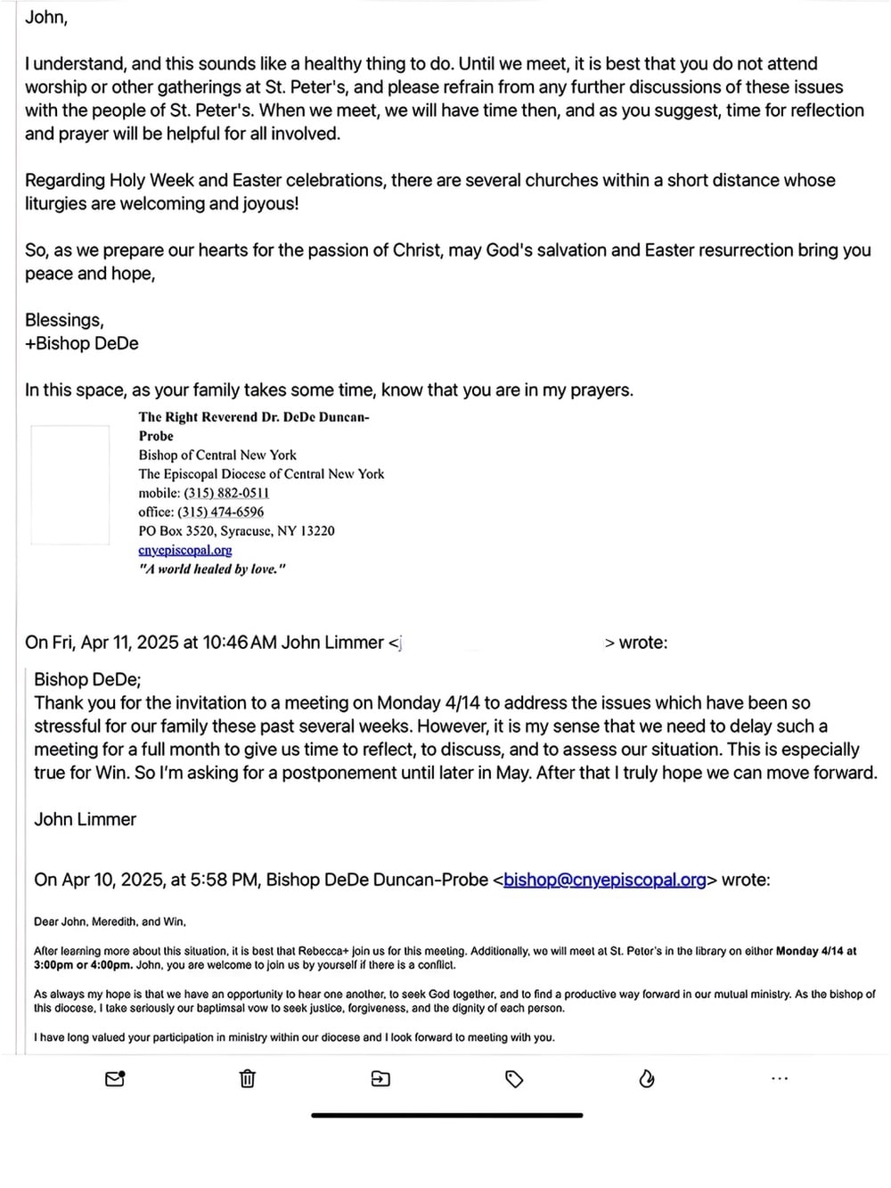 Email chain between Limmer family and Bishop DeDe Duncan Probe