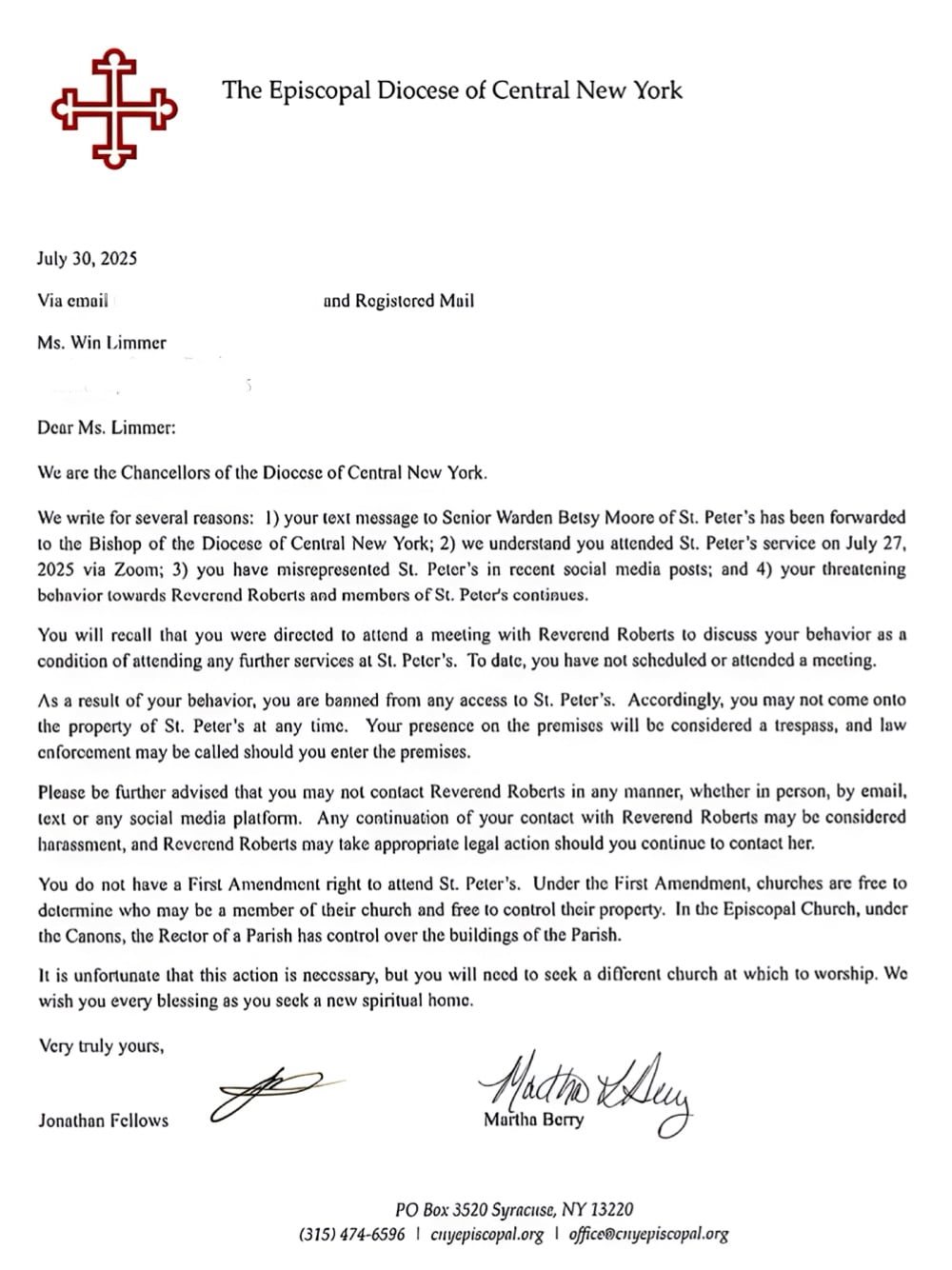 Incredibly arrogant letter from the Episcopal Diocese of Central New York, redacted.
