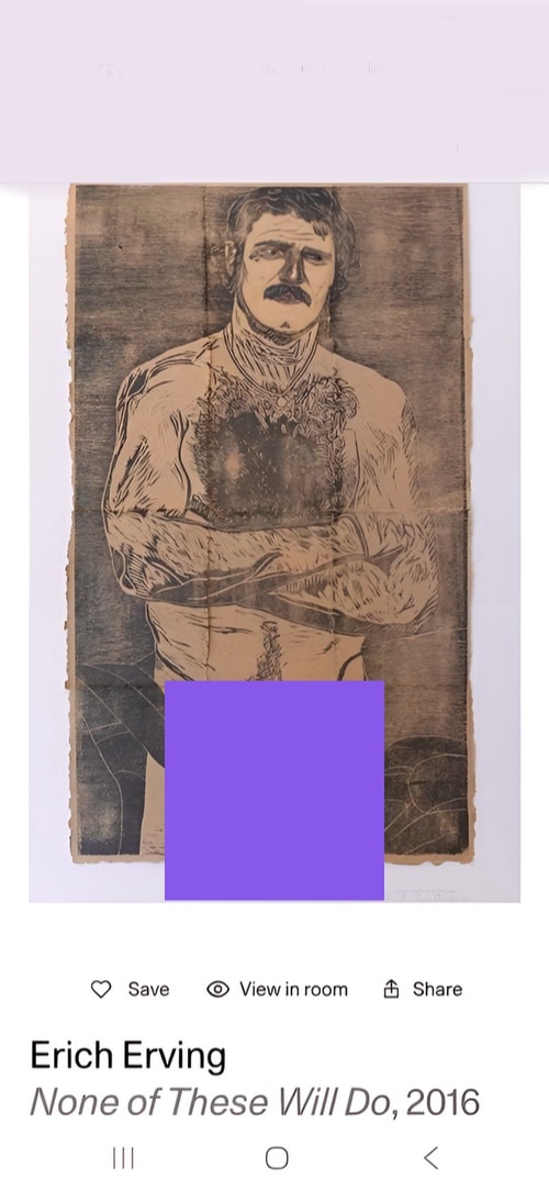 Screen cap of Erich Erving self portrait. Full frontal nudity redacted.